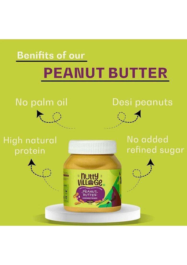 Nutty Village Creamy Unsweetened Peanut Butter| No Added Sugar, Gluten Free, Preservatives (325 G) - Indya