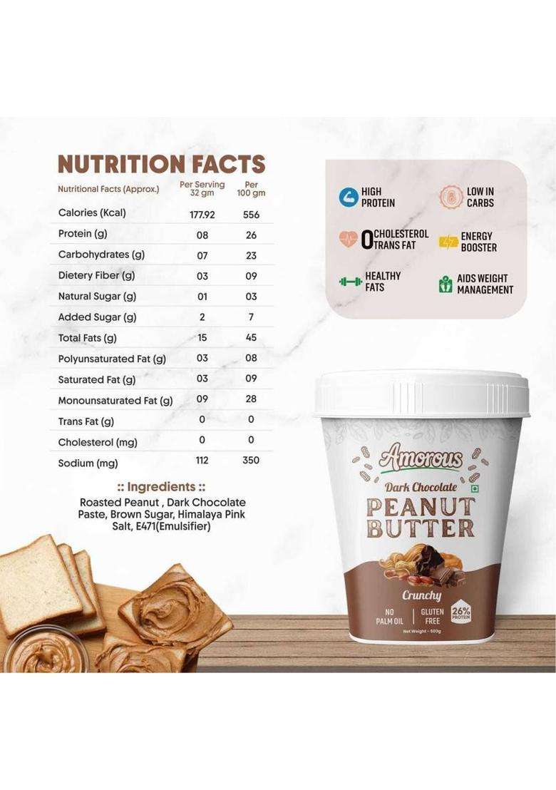 Amorous High Protein Dark Chocolate Crunchy Peanut Butter( 500G) (500 G) - Indya