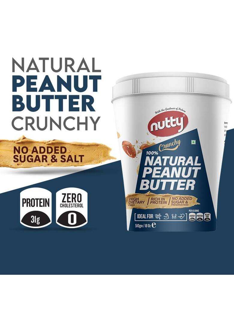 Nutty Unsweetened Natural Peanut Butter Crunchy, Made From Roasted Peanuts, (510G) (510 G) - Indya