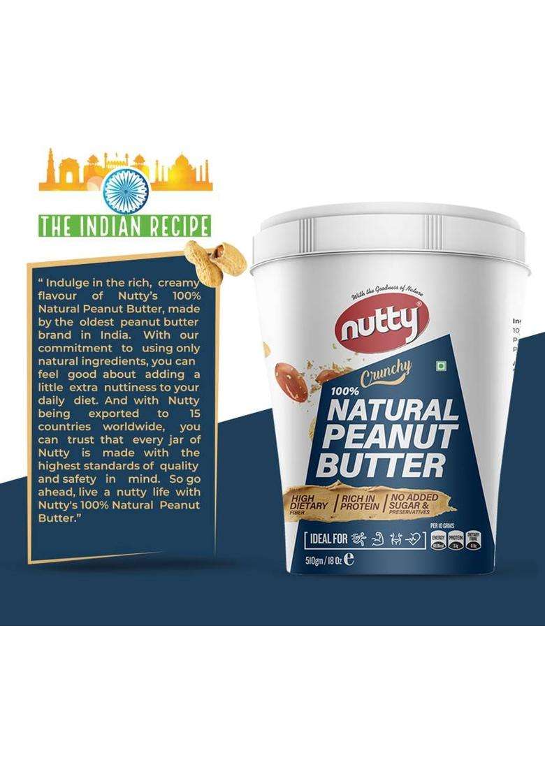 Nutty Unsweetened Natural Peanut Butter Crunchy, Made From Roasted Peanuts, (510G) (510 G) - Indya