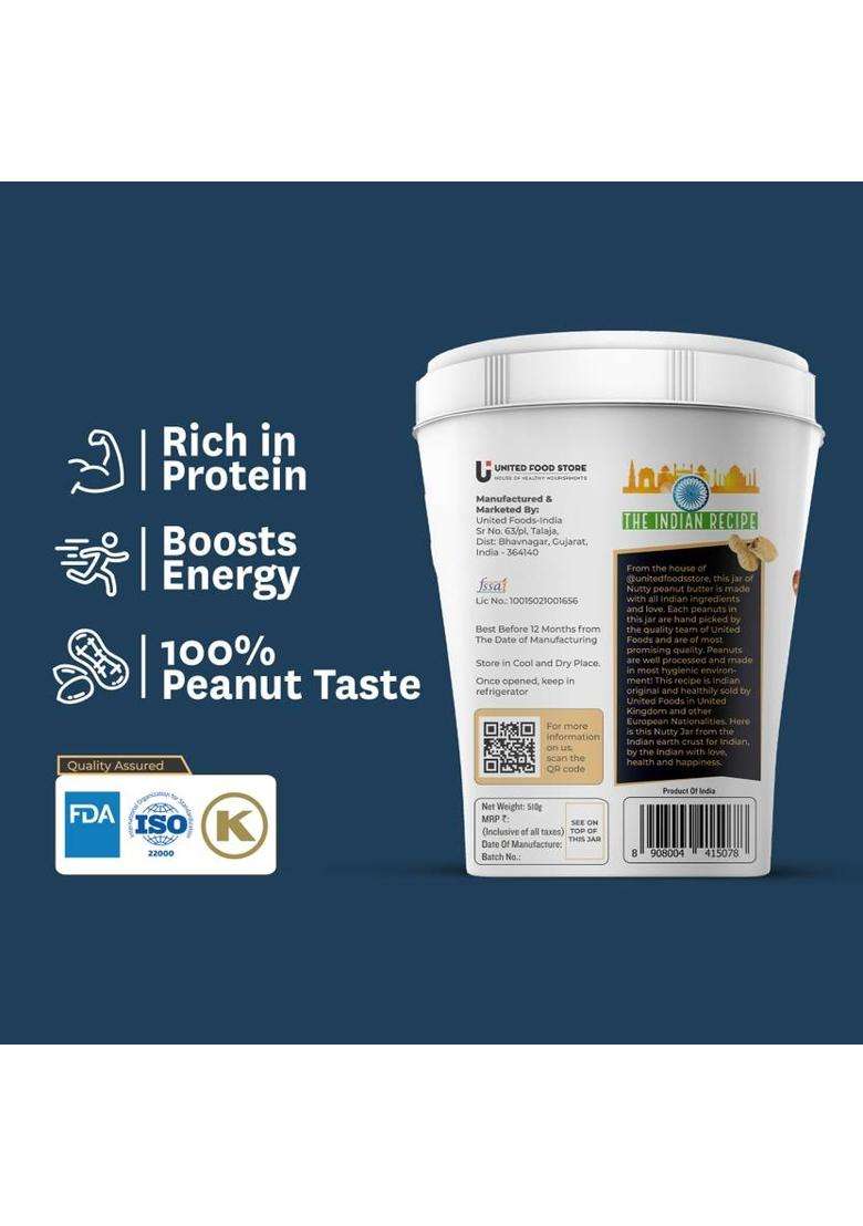 Nutty Unsweetened Natural Peanut Butter Crunchy, Made From Roasted Peanuts, (510G) (510 G) - Indya