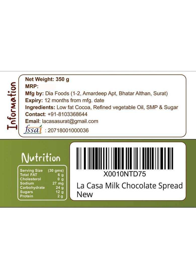 La Casa Milk Chocolate Paste / Spread (350 G) - Indya