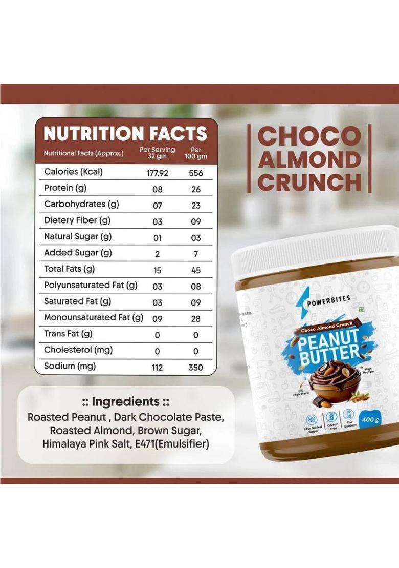 Powerbites Peanut Butter - Almond Crunch, High Protein, No Palm Oil,400G (400 G) - Indya