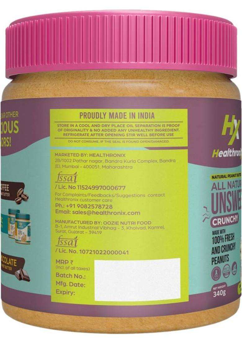 Healthronix Natural Crunchy Peanut Butter, 340 G (0.34 Kg) - Indya
