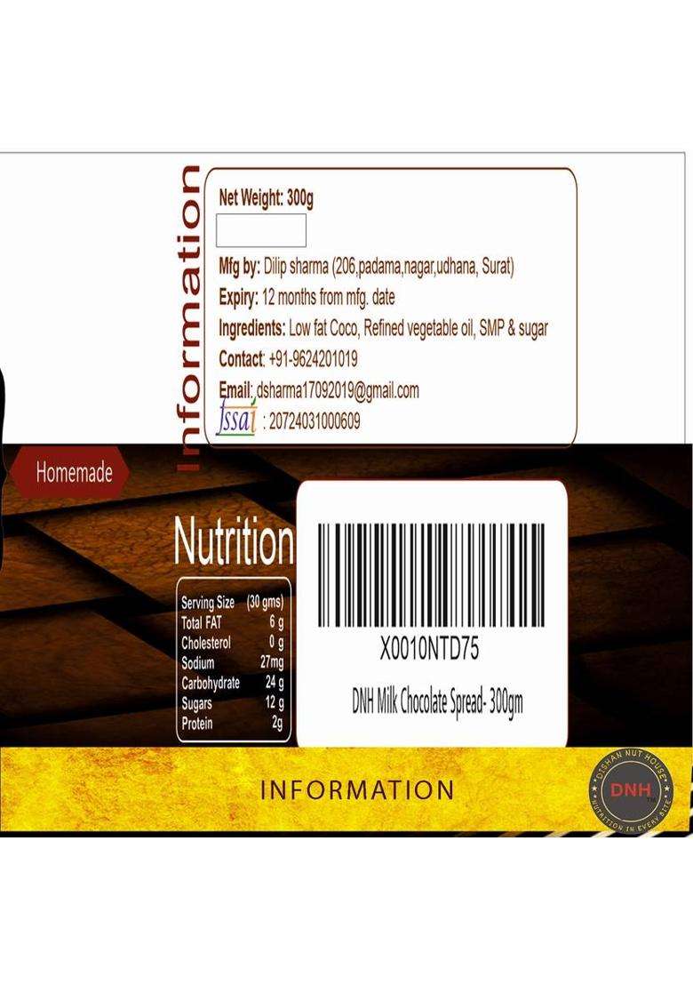 Dishan Nut House Milk Chocolate Spread | Made In India| Vegetarian All Natural Ganache (900 G) - Indya