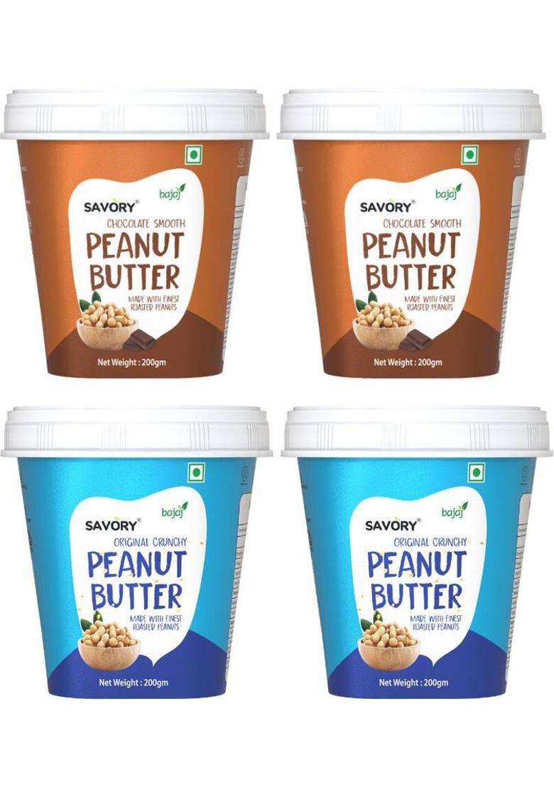 Savory Combo Of Chocolate Smooth (200G X2) + Original Crunchy Peanut Butter | (800 G, Pack 4) - Indya