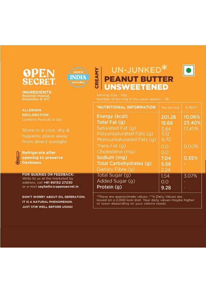Open Secret Unjunked Unsweetened Peanut Butter- Creamy (950 G) - Indya