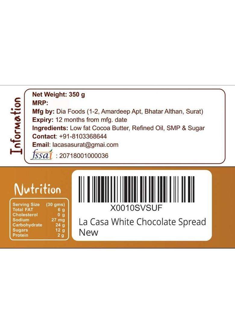 La Casa White Chocolate Spread / Paste (350 G) - Indya