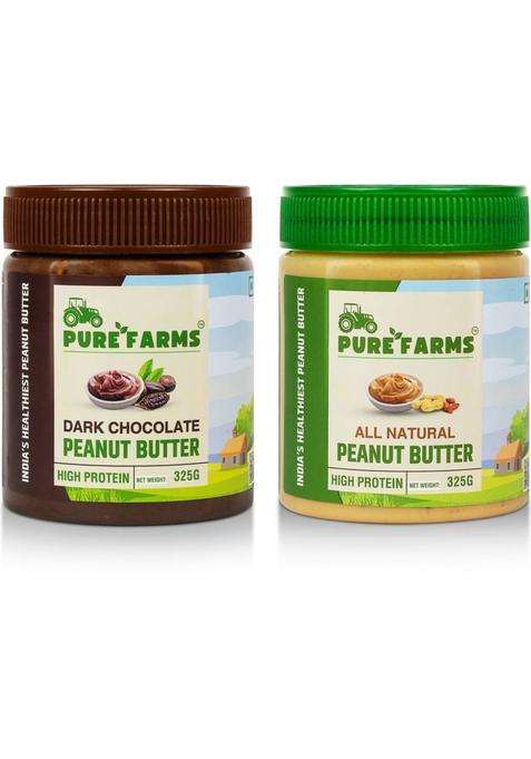 Pure Farms Dark Chocolate Crunchy & All-Natural Single Ingredient | Peanut Butter Duo (650 G, Pack Of 2)