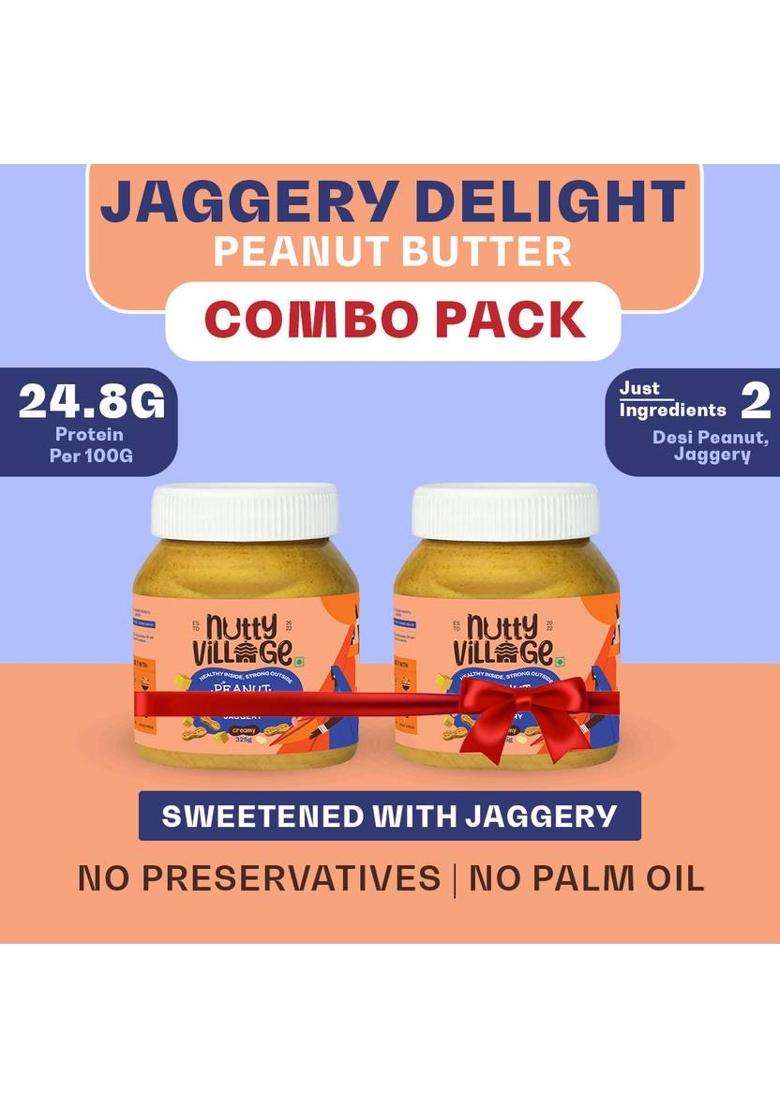 Nutty Village Crunchy Jaggery Peanut Butter| No Added Sugar,Gluten Free,No Preservatives Combo (325 G, Pack Of 2) - Indya