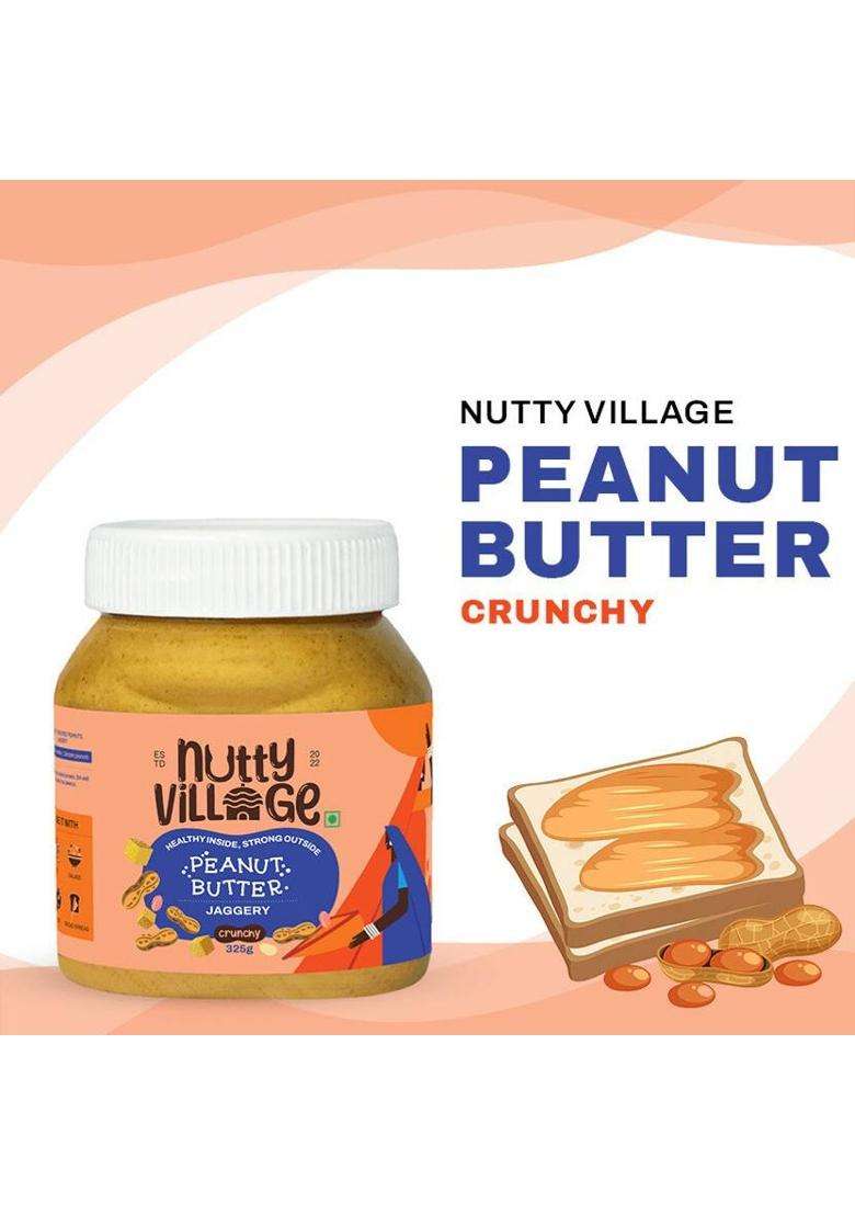 Nutty Village Crunchy Jaggery Peanut Butter| No Added Sugar,Gluten Free,No Preservatives Combo (325 G, Pack Of 2) - Indya