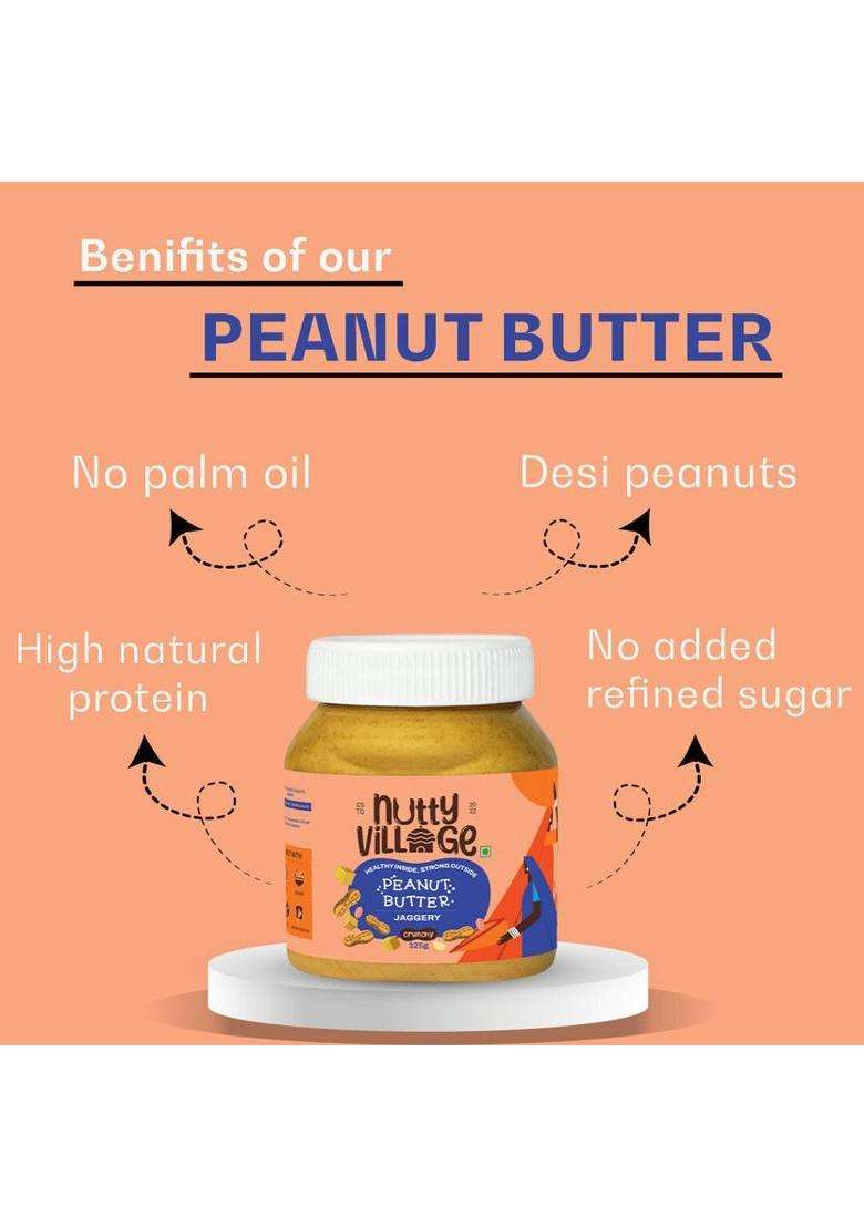 Nutty Village Crunchy Jaggery Peanut Butter| No Added Sugar,Gluten Free,No Preservatives Combo (325 G, Pack Of 2) - Indya