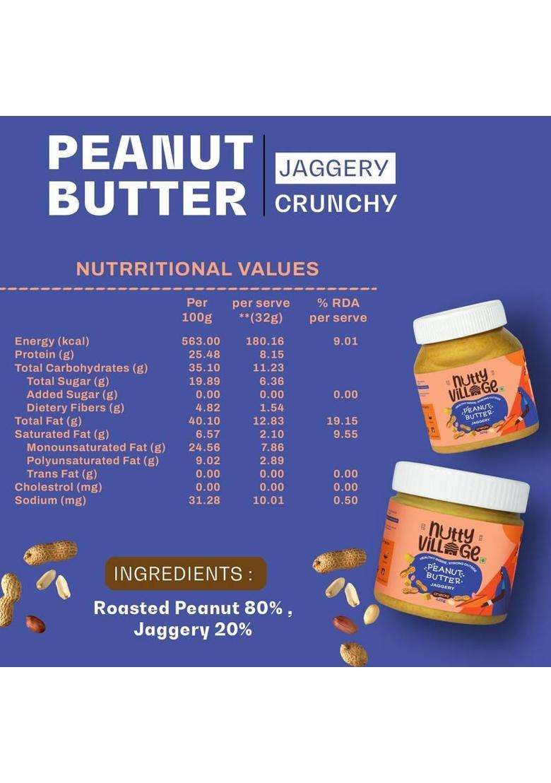 Nutty Village Crunchy Jaggery Peanut Butter| No Added Sugar,Gluten Free,No Preservatives Combo (325 G, Pack Of 2) - Indya
