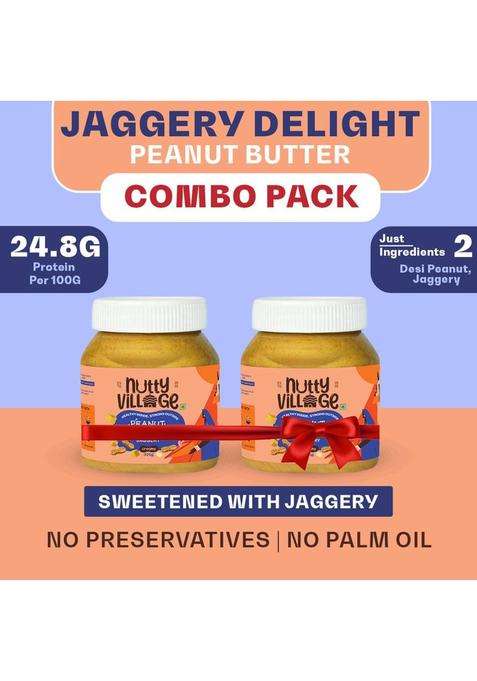 Nutty Village Crunchy Jaggery Peanut Butter| No Added Sugar,Gluten Free,No Preservatives Combo (325 G, Pack Of 2)