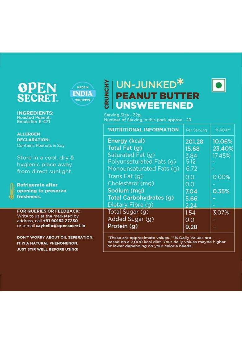 Open Secret Unjunked Unsweetened Peanut Butter- Crunchy (950 G) - Indya