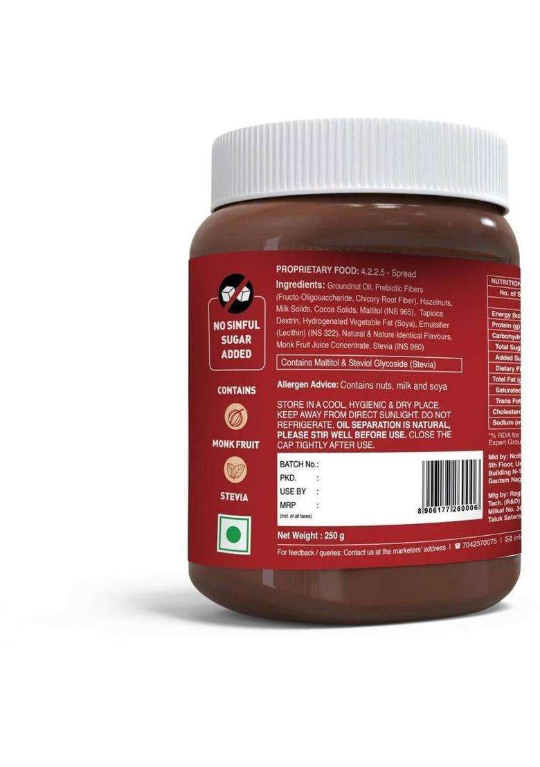 Notta Sin Choco Hazelnut Spread| No Added Sugar-Has Monk Fruit/Stevia|No Palm Oil (250 G) - Indya