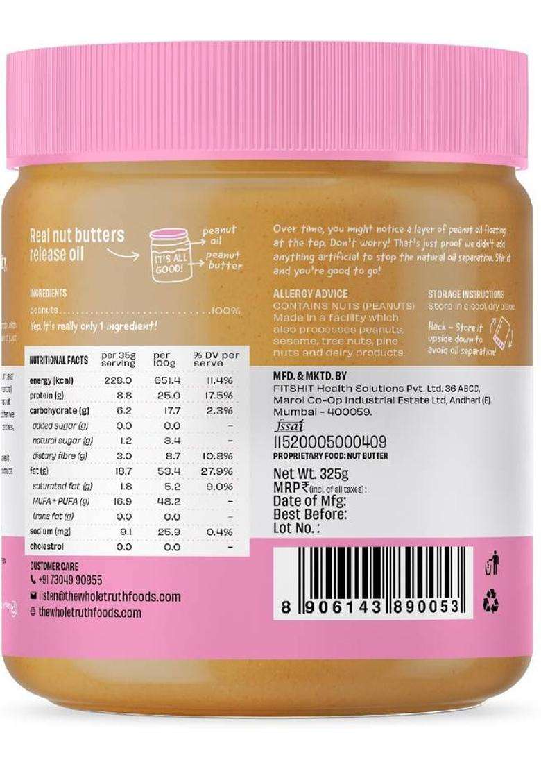 The Whole Truth Unsweetened Peanut Butter-Crunchy | No Added Sugar High Protein (325 G) - Indya