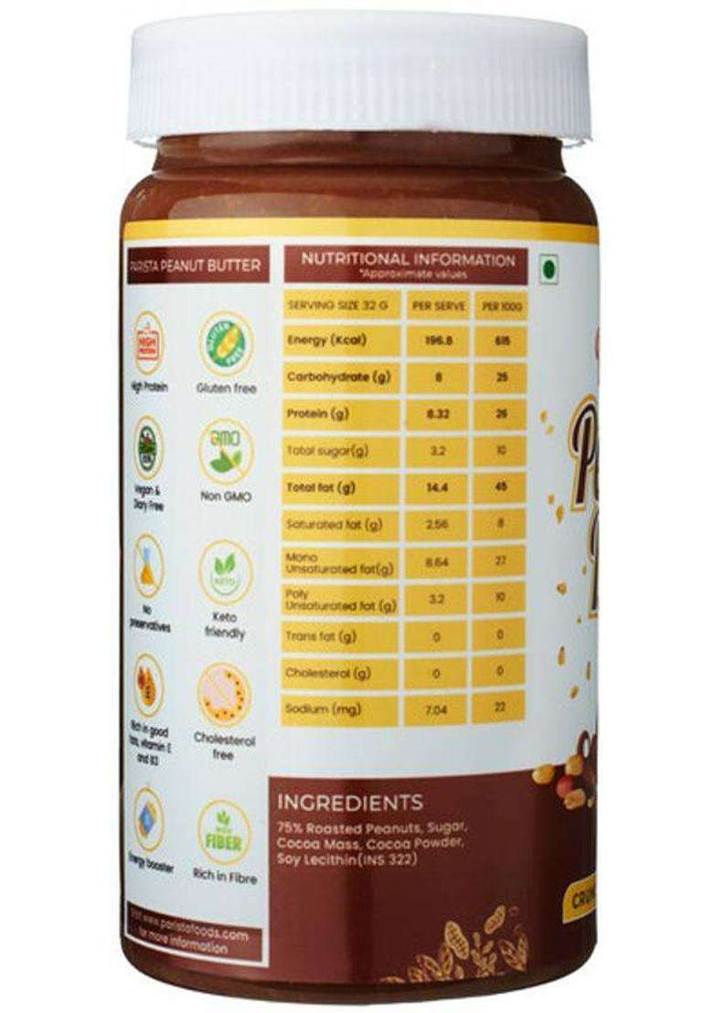 Parista Chocolate Peanut Butter Crunchy|High Protein|High Fiber|No Cholestrol (400 G) - Indya