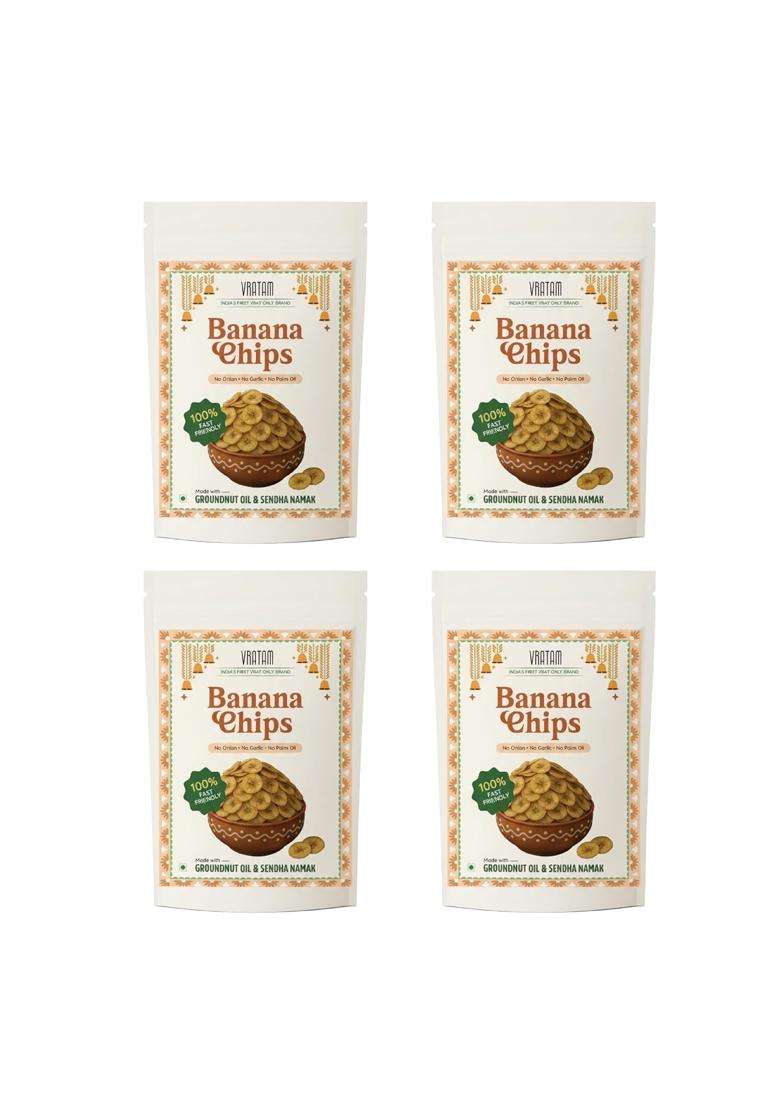 Vratam Thinnest Banana Chips Combo - Pack Of 4 (50G Each) | No Palm Oil Healthy Fasting Snack Made With Sendha Namak & Groundnut 100% Sattvic Kerala Kela Wafers Fast Friendly I Jain - Indya