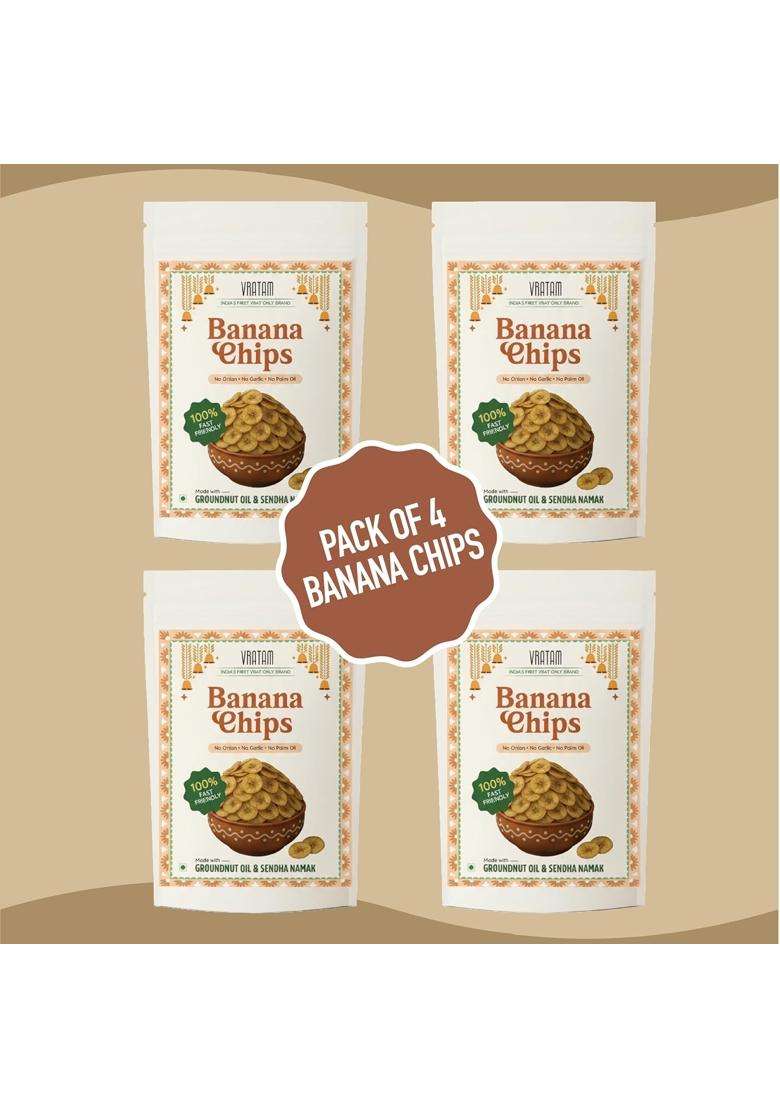 Vratam Thinnest Banana Chips Combo - Pack Of 4 (50G Each) | No Palm Oil Healthy Fasting Snack Made With Sendha Namak & Groundnut 100% Sattvic Kerala Kela Wafers Fast Friendly I Jain - Indya