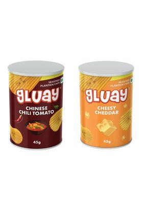 Gluay Crunchy Banana Chips Pack Of 2 | 1 Chinese Chili Tomato Cheesy Cheddar X 45 G