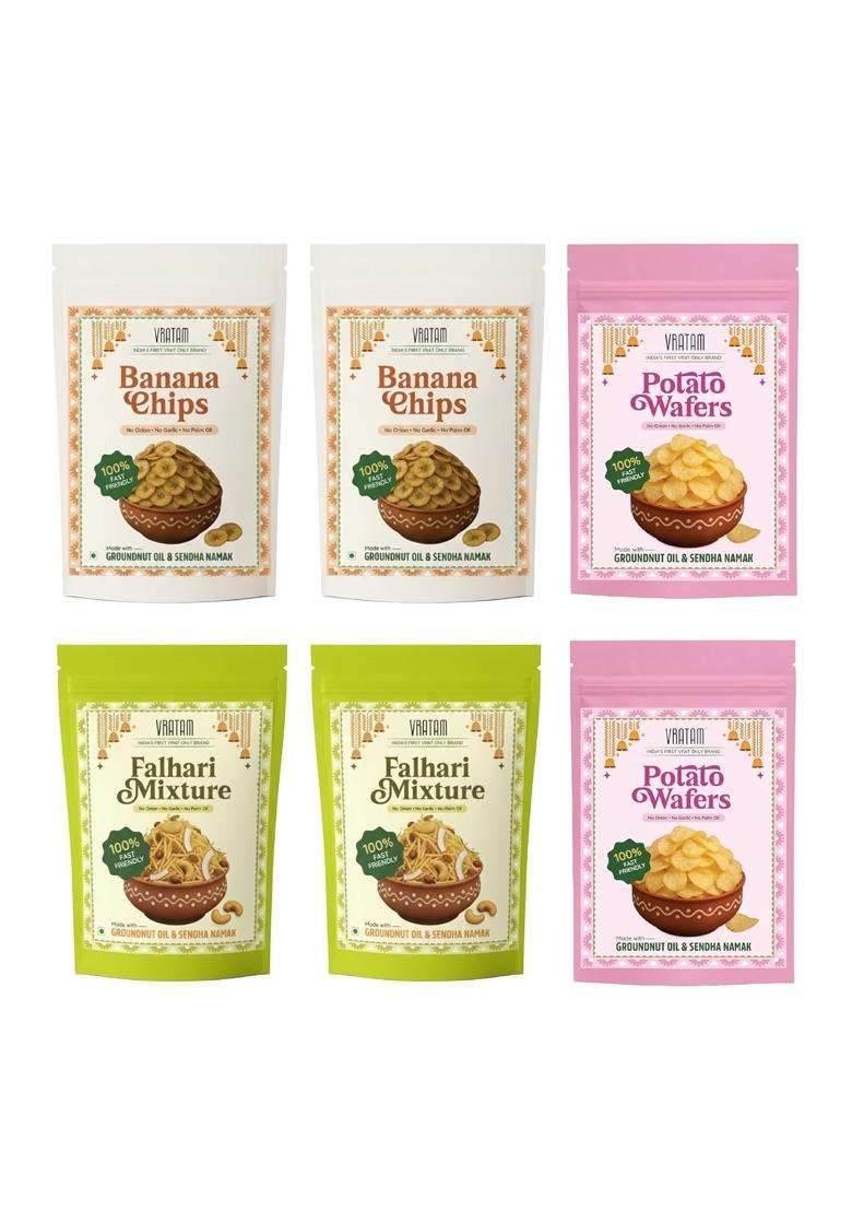 Vratam Family Vrat Combo - Pack Of 6 | Mixed Bag Falahari Mixture (Large), Banana Chips & Potato Wafers No Palm Oil, Groundnut Oil 100% Sattvic Fasting Friendly Snacks - Indya