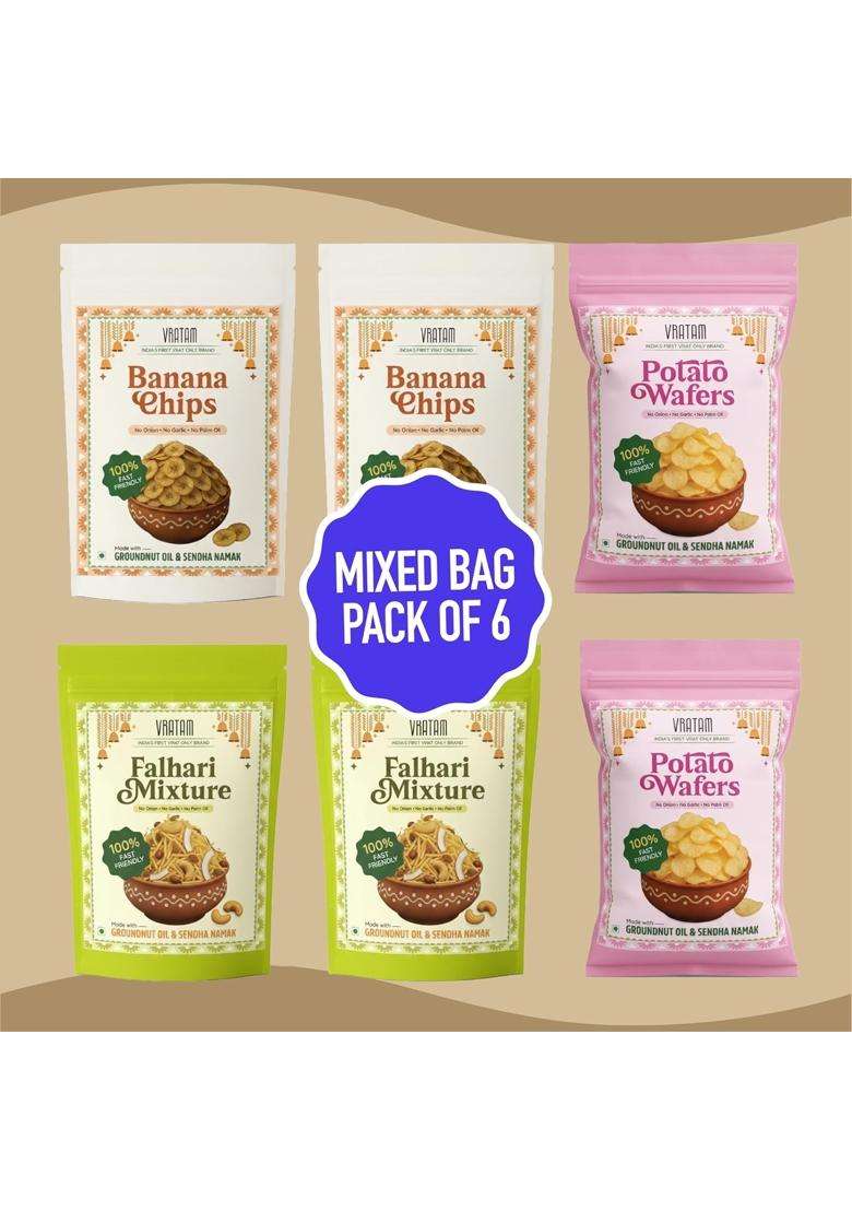 Vratam Family Vrat Combo - Pack Of 6 | Mixed Bag Falahari Mixture (Large), Banana Chips & Potato Wafers No Palm Oil, Groundnut Oil 100% Sattvic Fasting Friendly Snacks - Indya