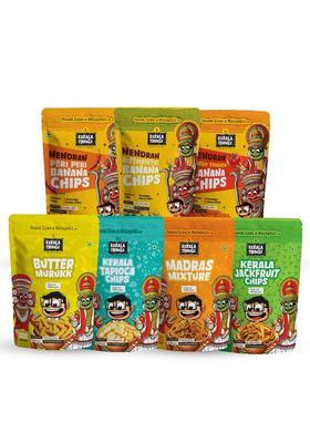 Kerala Thingz Nendran Banana Chips - Combo 830G | Authentic + Peri Tangy Tomato (Each 100G Pack) Tapioca (80G) Jackfruit Madras Mixture Butter Murukk 150G Traditional Snack Premium, Crunchy & Healthy No Palm Oil, Preservatives, Gluten Free, Added Sugar, A