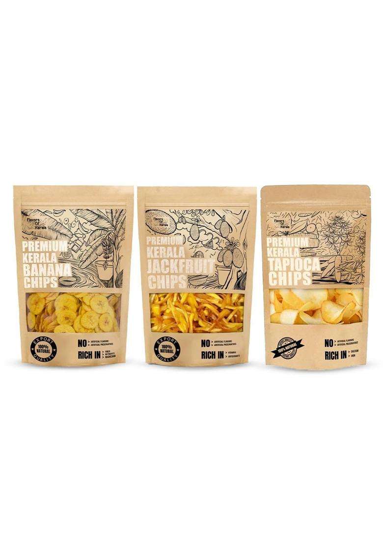 Flavors Of Kerala (Fok) Combo Banana Chips In Coconut Oil - 150 Grams | Jackfruit Tapioca 100 - Indya