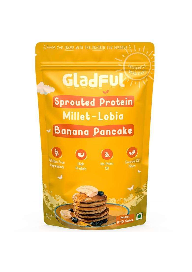 Gladful Banana Millet Pancake, No Maida, Palm Oil, Refined Sugar, Gluten Free, High Protein, Low Carbs, Gi Grain, Eggless 150 Grams - Pack Of 1 - Indya