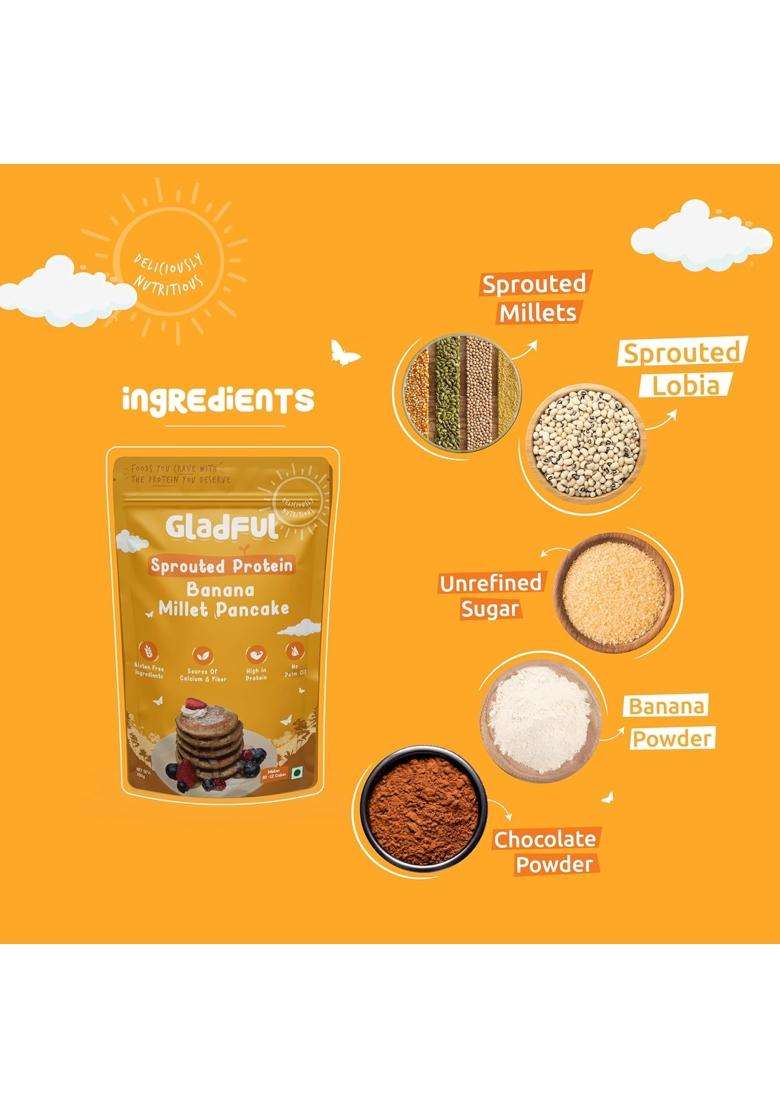Gladful Banana Millet Pancake, No Maida, Palm Oil, Refined Sugar, Gluten Free, High Protein, Low Carbs, Gi Grain, Eggless 150 Grams - Pack Of 1 - Indya
