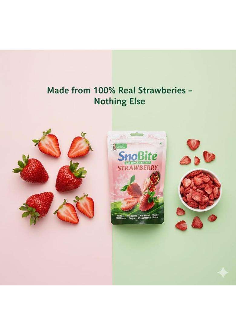 Snobite Freeze-Dried Strawberry Pouch | 100% Natural No Added Sugar, Zero Preservatives Healthy, Tasty, Gluten Free Snack For Adults And Kids 25G - Indya