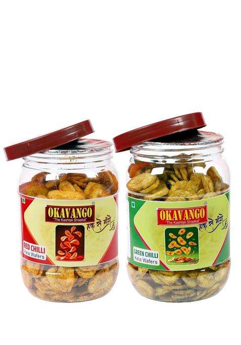 Okavango " The Kashtila Shaakal Red And Green Chilli Banana Chips, Traditional Indian Snack, Spicy Crunchy, Preservative-Free 300 Gms X Pack Of 2