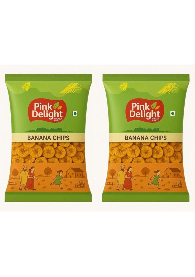Pink Delight Kerala Banana Chips, Crunchy, No Added Preservatives, Low Sodium, Source Of Potassium, Pack 2, 180G Each - Indya