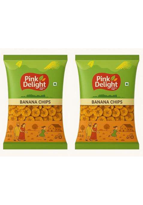 Pink Delight Kerala Banana Chips, Crunchy, No Added Preservatives, Low Sodium, Source Of Potassium, Pack 2, 180G Each