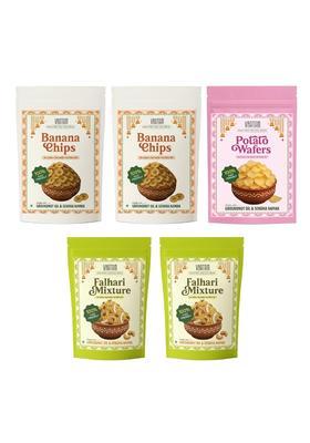 Vratam Mini Vrat Snacks Combo - Pack Of 5 | Assorted Sattvic Namkeen Banana Chips (X2), Falhari Mixture Potato Wafers (X1) Small Packs No Palm Oil Sendha Namak