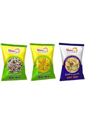 Shreeji Wafers Exotic Crunch Experience 200G Pack Of 3 Movie Night Snacks Banana French Fry, Yellow Round & Mari Long
