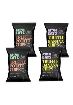 Atom Eats | Truffle Banana Chips & Potato Combo - (Pack Of 4) 40G Each Black Cheese Flavor Crunchy Gourmet Snacks For Parties, Drinks, Tea Coffee Imported Quality