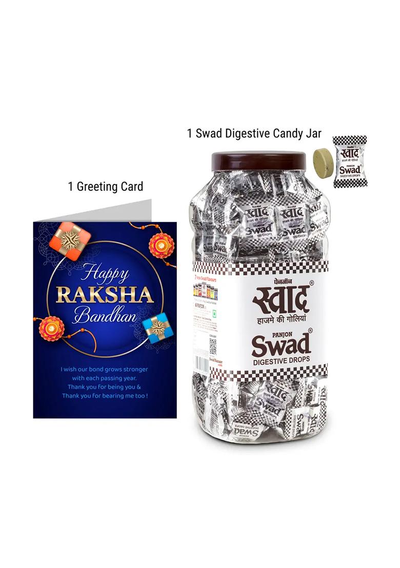 Swad Happy Raksha Bandhan Gift With Card ( Digestive Candy 150 Jar & 1 Greeting Card) Pack (150 Pieces) - Indya