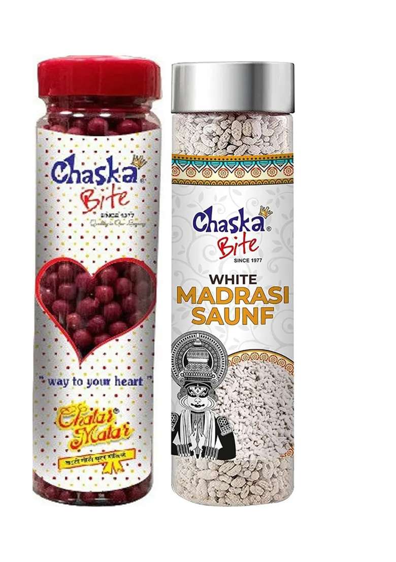 Chaska Bite Chatar Matar|Khatti Meethi|Chatpati Goli|200 Gm White Madrasi Saunf(White 200G) Chatpati Candy (2 X 0.2 Kg) - Indya