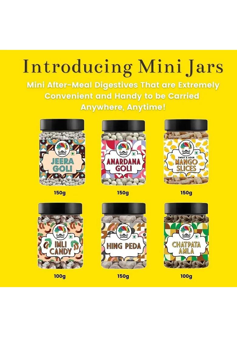 Mr. Merchant Pachak Churan Goli (After Meal Digestives) Trail Pack (Pack Of 6) Anardana 150G, Jeera Mango Slice Imli Candy 100G, Hing Peda Chatpata Amla 100G Salty (800 G) - Indya