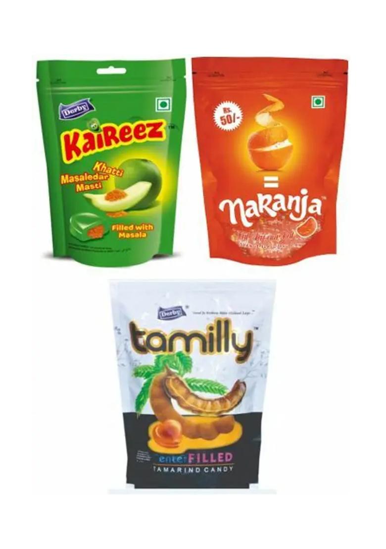 Derby Kaireez_Naranja_Tamilly_Sp Raw Mango, Lemon-Orange, Tamarind Candy (3 X 217.33 G) - Indya