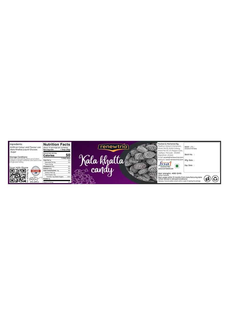 Renewtria Kala Khatta Candy /Khatti Mitthi Toffee |Candy -Jar Pack | (400 G) - Indya