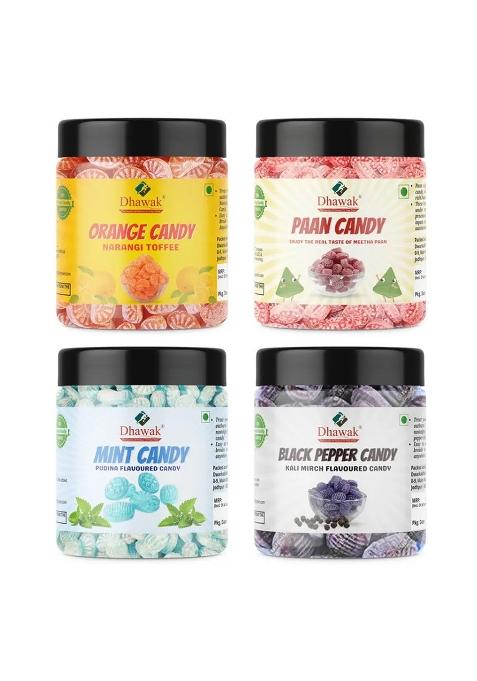 Dhawak Combo Of Candies Orange, Black, Paan, & Mint Candy 300 Gms Each|Jar Pack Pudina, Black Pepper (4 X 0.3 Kg)