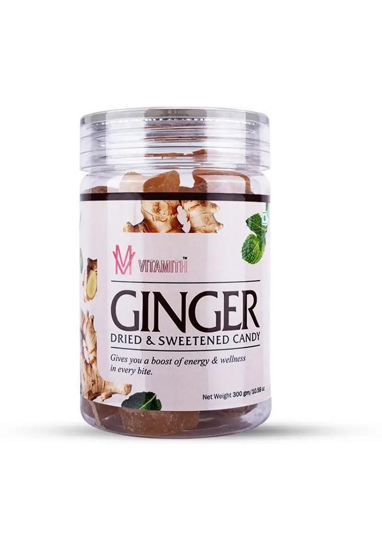 Vitamith Dried And Sweetened Ginger Candy Natural, Spicy-Sweet Snack (300 G) - Indya