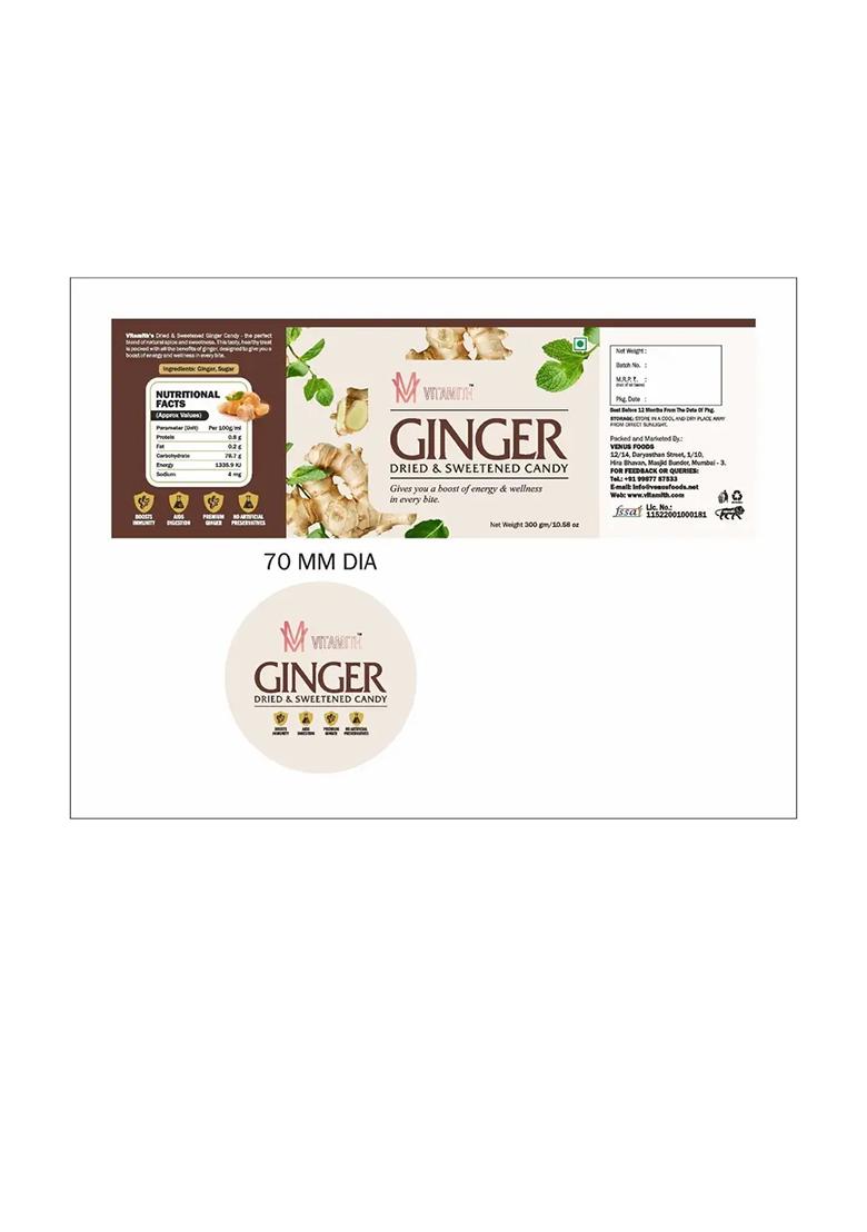 Vitamith Dried And Sweetened Ginger Candy Natural, Spicy-Sweet Snack (300 G) - Indya