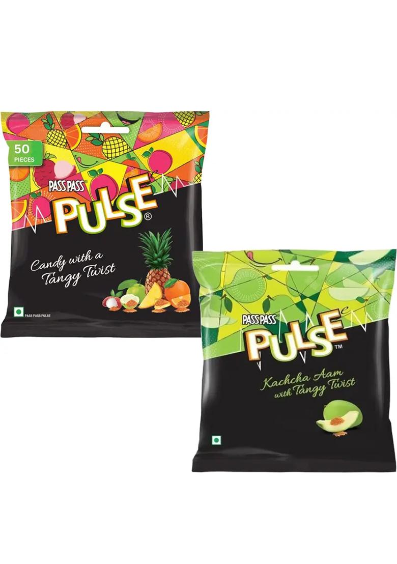 Pass Tripple Twist Pouch | 50 Pcs And Kachha Aam Small Pack Of 2 All Mix, Kachcha Candy (2 X Pieces) - Indya