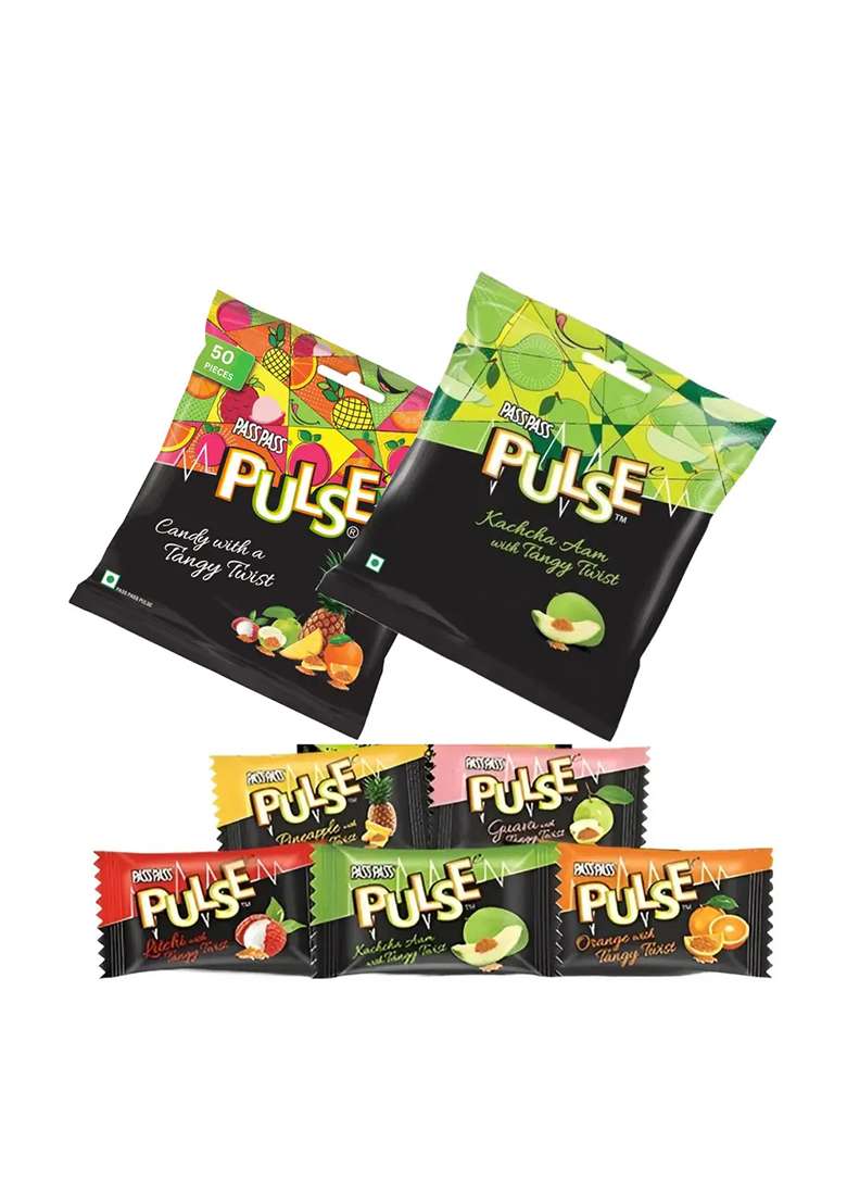 Pass Tripple Twist Pouch | 50 Pcs And Kachha Aam Small Pack Of 2 All Mix, Kachcha Candy (2 X Pieces) - Indya