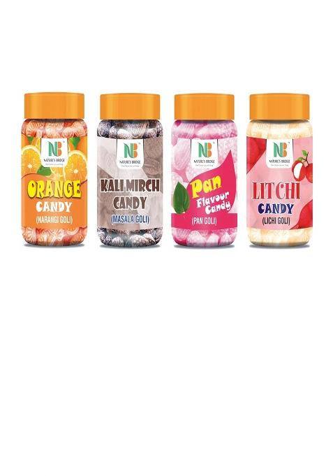 Nature'S Bridge Sweet Candy (Orange, Pan, Kalimirch Masala, Litchi Flavour) Combo Jar Pack Of 4 Each 200 Gm / Orange Pan Kalimrich Masala Orange, (4 X 0.2 Kg)