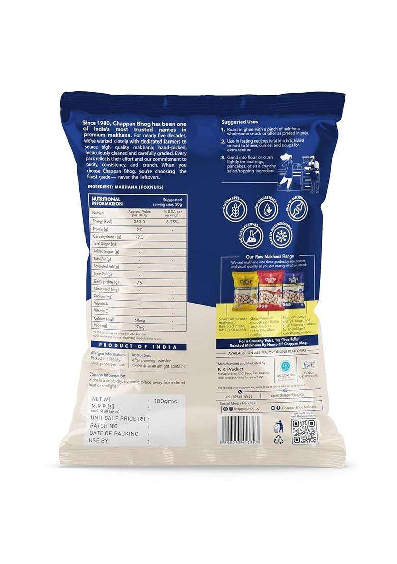 Chappan Bhog Platinum Makhana 100G 6 Suta Jumbo Foxnuts Phool Makhana Premium Raw Makhana Lotus Seeds High Protein Gluten Free Healthy Snack Ready To - Indya